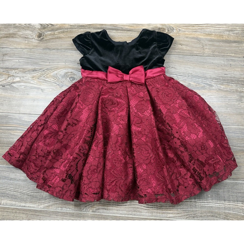 Jona Michelle Girls Burgundy Lace Black Velvet Holiday Christmas Dress Size 3T - Picture 1 of 10